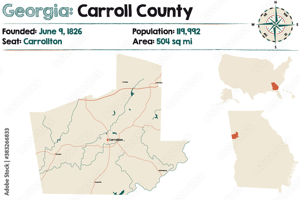 Large and detailed map of Carroll county in Georgia, USA.
