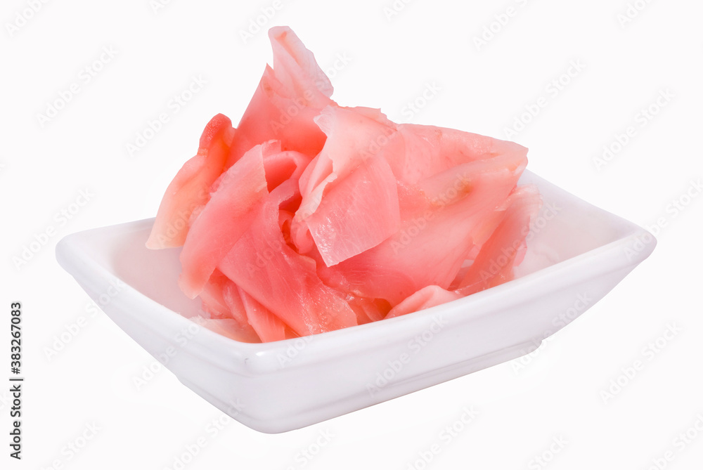 Pickled ginger in a white plate on a white background
