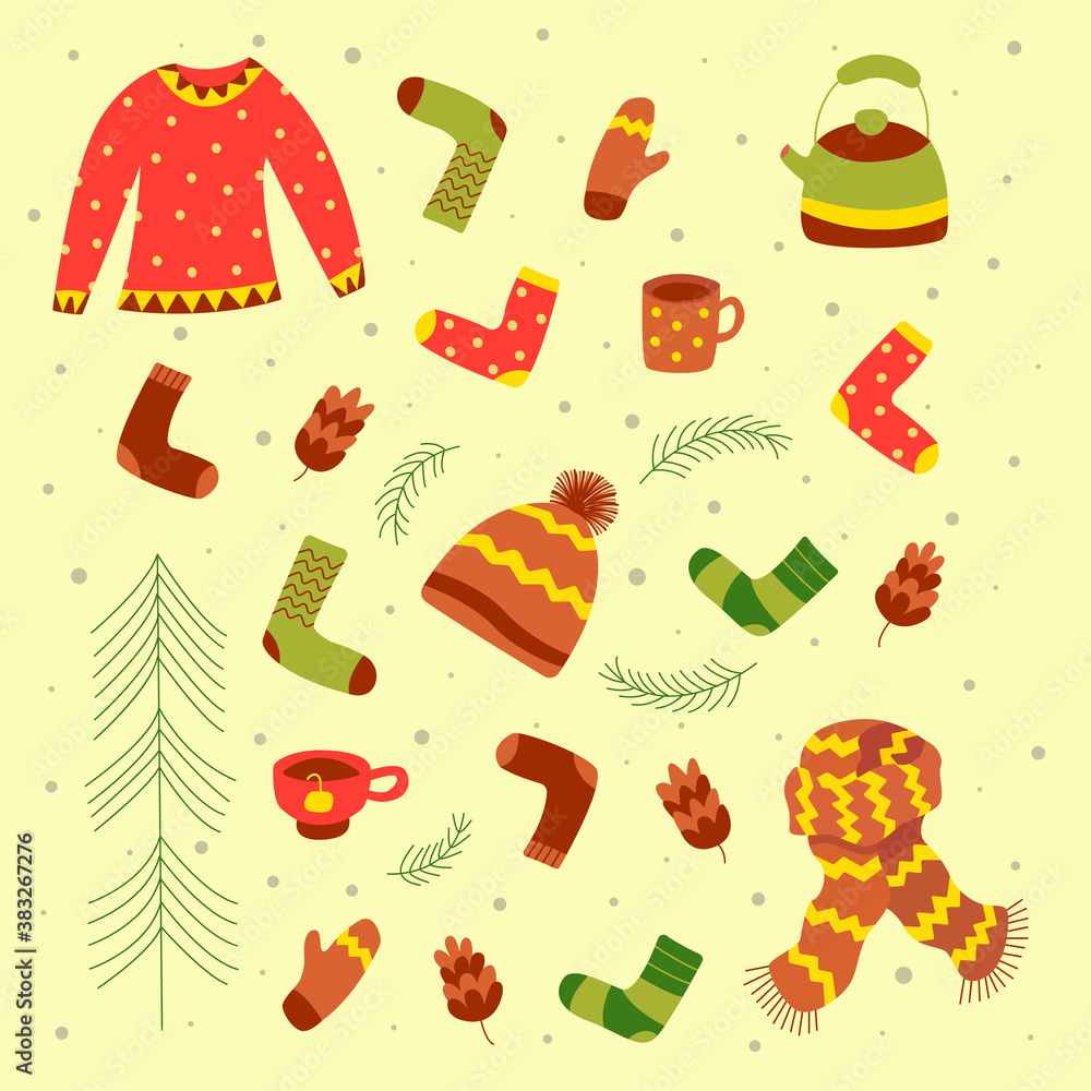Cozy winter set. Warm clothes flat vector. Warm sweater, scarf, socks, hat with pompom, mittens, fir branches, pine cones, Christmas tree, snowflakes, kettle, cup of tea, mug of coffee. Cozy winter set. Warm clothes flat vector. Warm sweater, scarf, socks, hat with pompom, mittens, fir branches, pine cones, Christmas tree, snowflakes, kettle, cup of tea, mug of coffee.