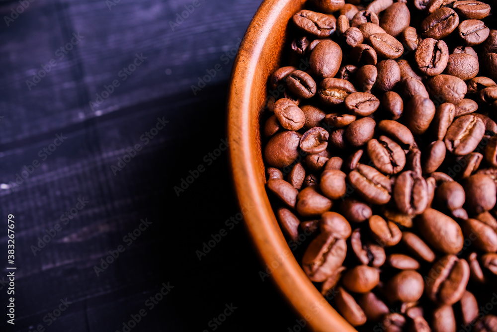Fototapeta premium Roasted coffee beans background. Top view. Copy space
