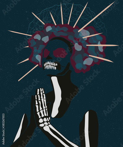 halloween girl in a wreath with thorns. makeup skull. praying. on a blue background