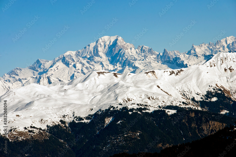 Obraz premium Mont Blanc from Meribel 3 Valleys ski area French Alps France