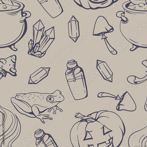 Seamless halloween pattern with magic paraphernalia