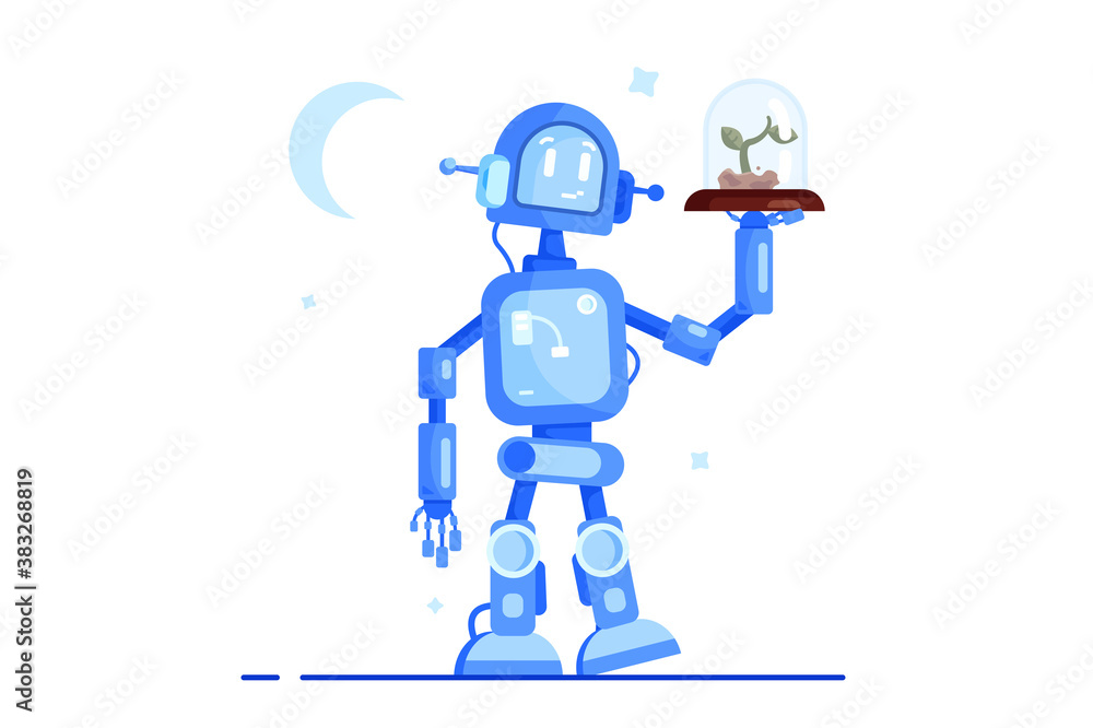 Robot stands holding plant hidden under glass dome isolated on white background, flat vector illustration Robot stands holding plant hidden under glass dome isolated on white background, flat vector illustration