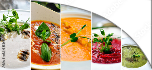 Collage of various foods with copy space. Variety of soups.