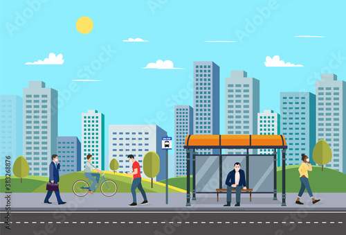 People at Bus stop with street urban.Public park with city people and nature landscape.Person in town.Vector illustration