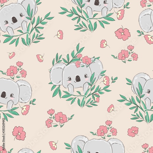 Wallpaper Mural Hand drawn cute childish illustration koala flowers and green leaves pattern seamless print design Torontodigital.ca