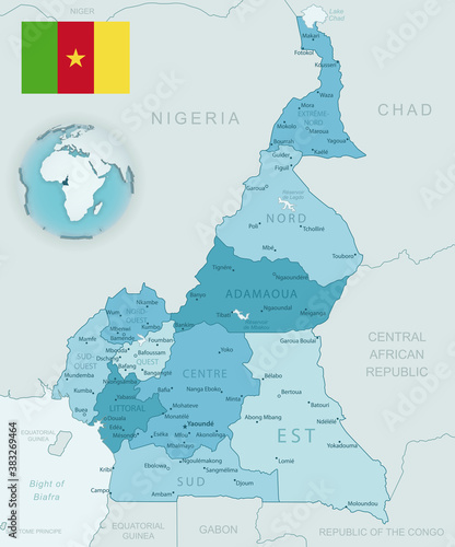 Blue-green detailed map of Cameroon administrative divisions with country flag and location on the globe. Vector illustration