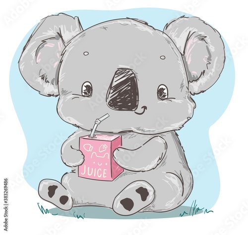 Cute gray koala sitting and drinking juice children's design print for nursery vector illustration