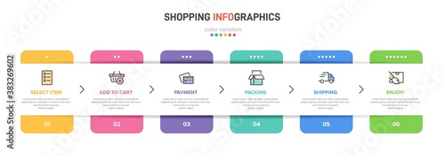 Concept of shopping process with 6 successive steps. Six colorful graphic elements. Timeline design for brochure, presentation, web site. Infographic design layout.