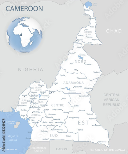 Blue-gray detailed map of Cameroon administrative divisions and location on the globe. Vector illustration