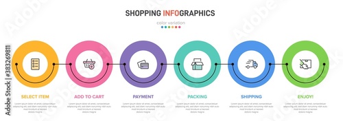 Concept of shopping process with 6 successive steps. Six colorful graphic elements. Timeline design for brochure, presentation, web site. Infographic design layout.