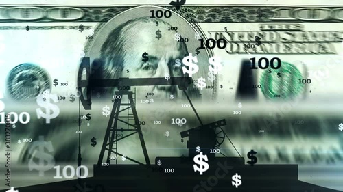 Oil pump silhouette working over counted 100 dollar banknotes. Abstract business metaphor of petrodollar, petrol industry, money, energy and fossil fuels. Seamless loopable concept. Loop animation.  photo