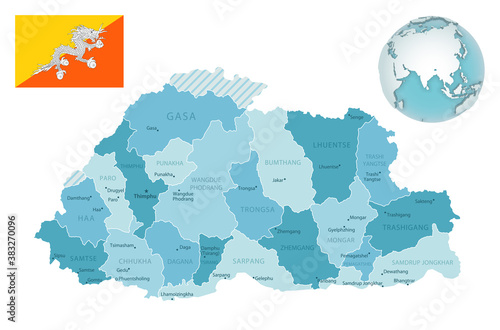 Bhutan administrative blue-green map with country flag and location on a globe. Vector illustration