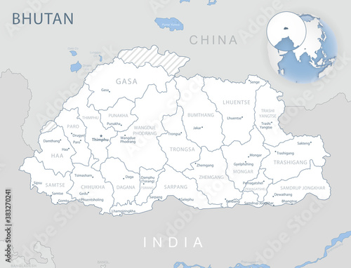 Blue-gray detailed map of Bhutan administrative divisions and location on the globe. Vector illustration
