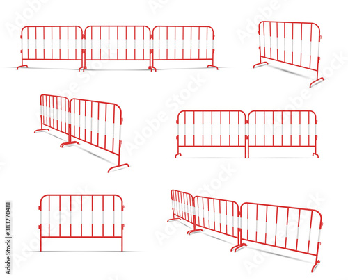 Road barrier linked by two or three elements red realistic constructions. Portable metal fence.
