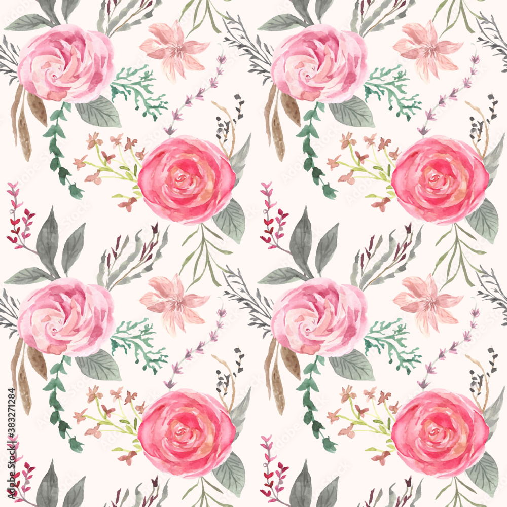 soft pink rose floral watercolor seamless pattern