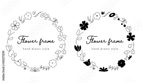 手描きの花の丸いフレームのセット／おしゃれ／かわいい／背景／シンプル／植物／葉／枠／タイトル