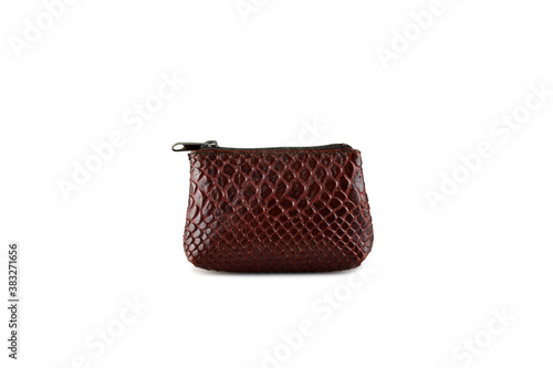 Small leather brown wallet for cash and coins isolated on white background. Change purse, close-up