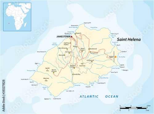 Vector map of the British island of St. Helena in the Atlantic Ocean, UK
