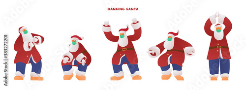 Funny Dancing Santa In Protective Mask Vector Set. Isolated On White.