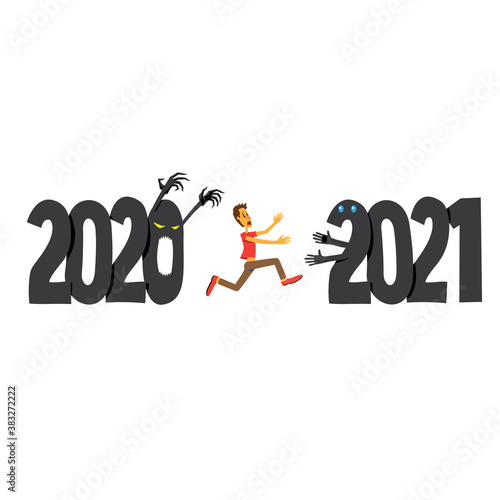Scared man running away from 2020 to 2021. New year concept.