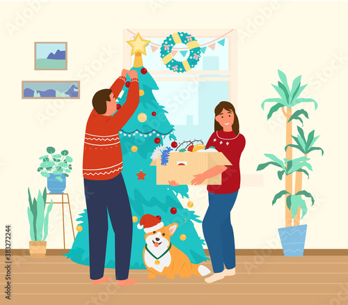 Couple With Gog Decorating Chritmas Tree At Home. Flat Vector Illustration.