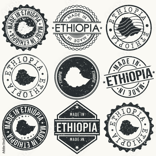 Ethiopia Set of Stamps. Travel Stamp. Made In Product. Design Seals Old Style Insignia.