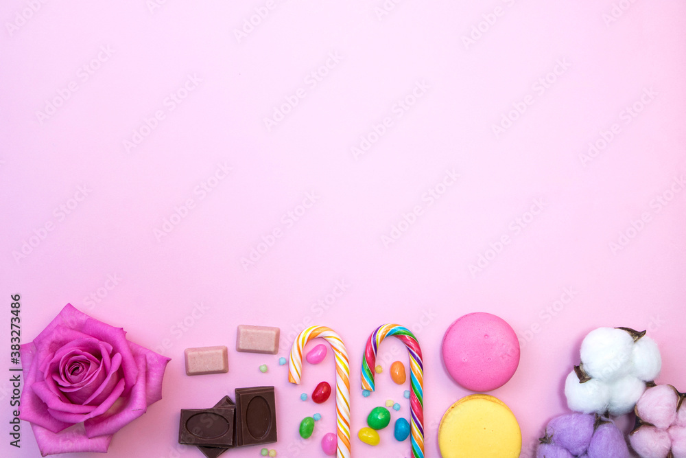 A lot of colorful candy  on colourful background, Valentines Day background
