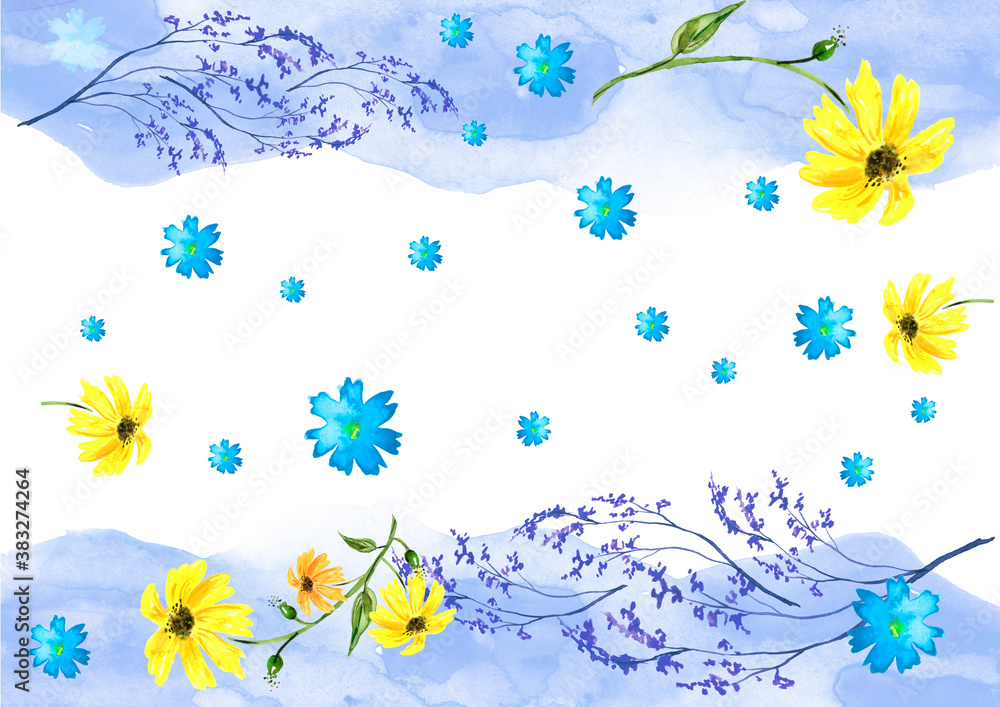Watercolor greeting card, frame, invitation. Drawing - blue flower, branch, lavender, wildflowers. Handmade drawing. For your design, text. Flowers cornflower, sunflowers, chamomile.scent of flowers.