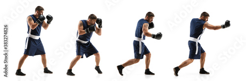 Target. Young professional boxer training in action, motion of step-to-step kicking isolated on white background. Concept of sport, movement, energy and dynamic, healthy lifestyle. Flyer.