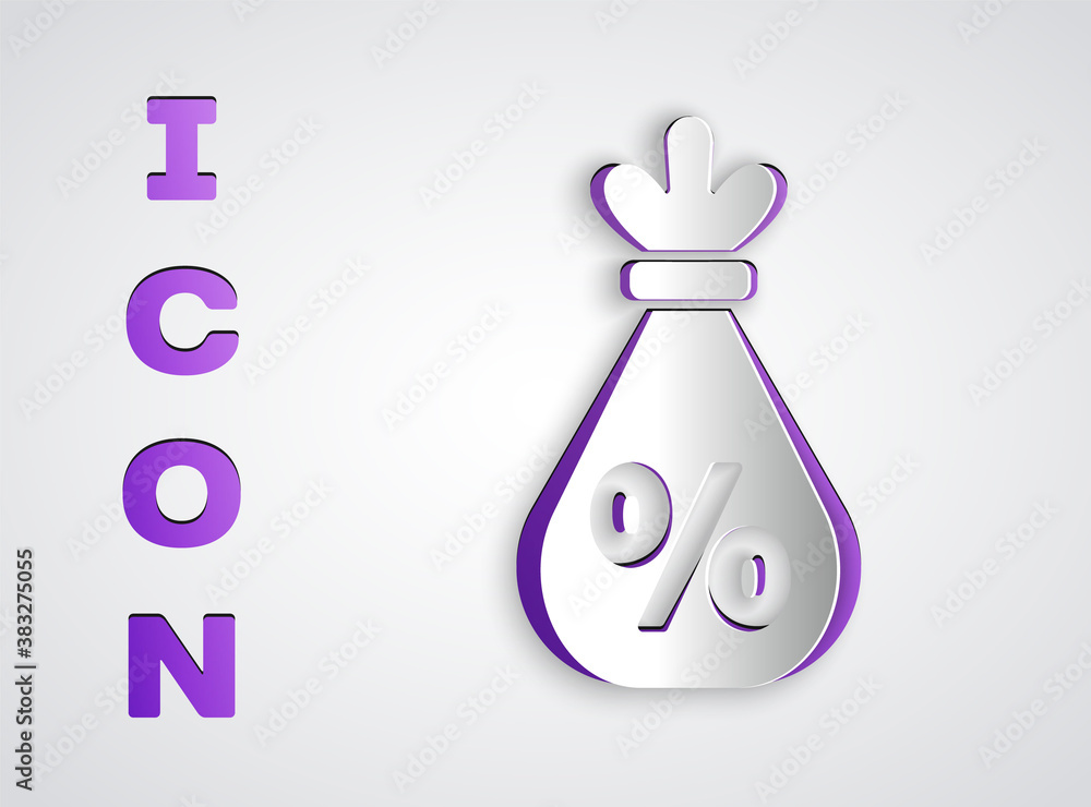 Paper cut Money bag with percent icon isolated on grey background. Cash Banking currency sign. Paper art style. Vector Illustration. Paper cut Money bag with percent icon isolated on grey background. Cash Banking currency sign. Paper art style. Vector Illustration.