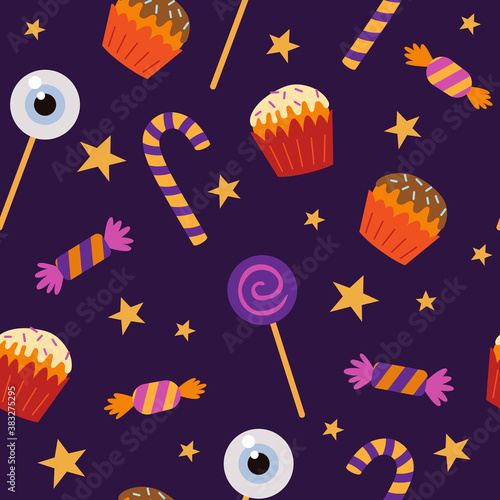 Halloween seamless pattern with sweets and candies. Vector