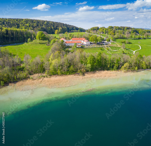 Lake Tegernsee in the Bavarian Alps. Aerial Drone Panorama Shot. Spring photo