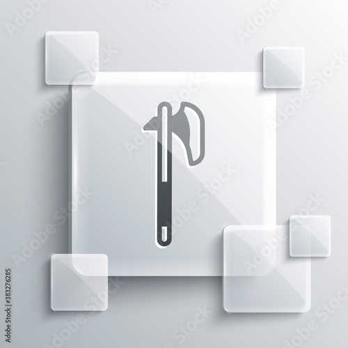 Grey Medieval axe icon isolated on grey background. Battle axe, executioner axe. Medieval weapon. Square glass panels. Vector.