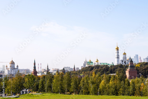 blue autumn sky over Zaryadye landscape urban public park, Kremlin and Cathedral of Christ the Saviour in Moscow city on September day