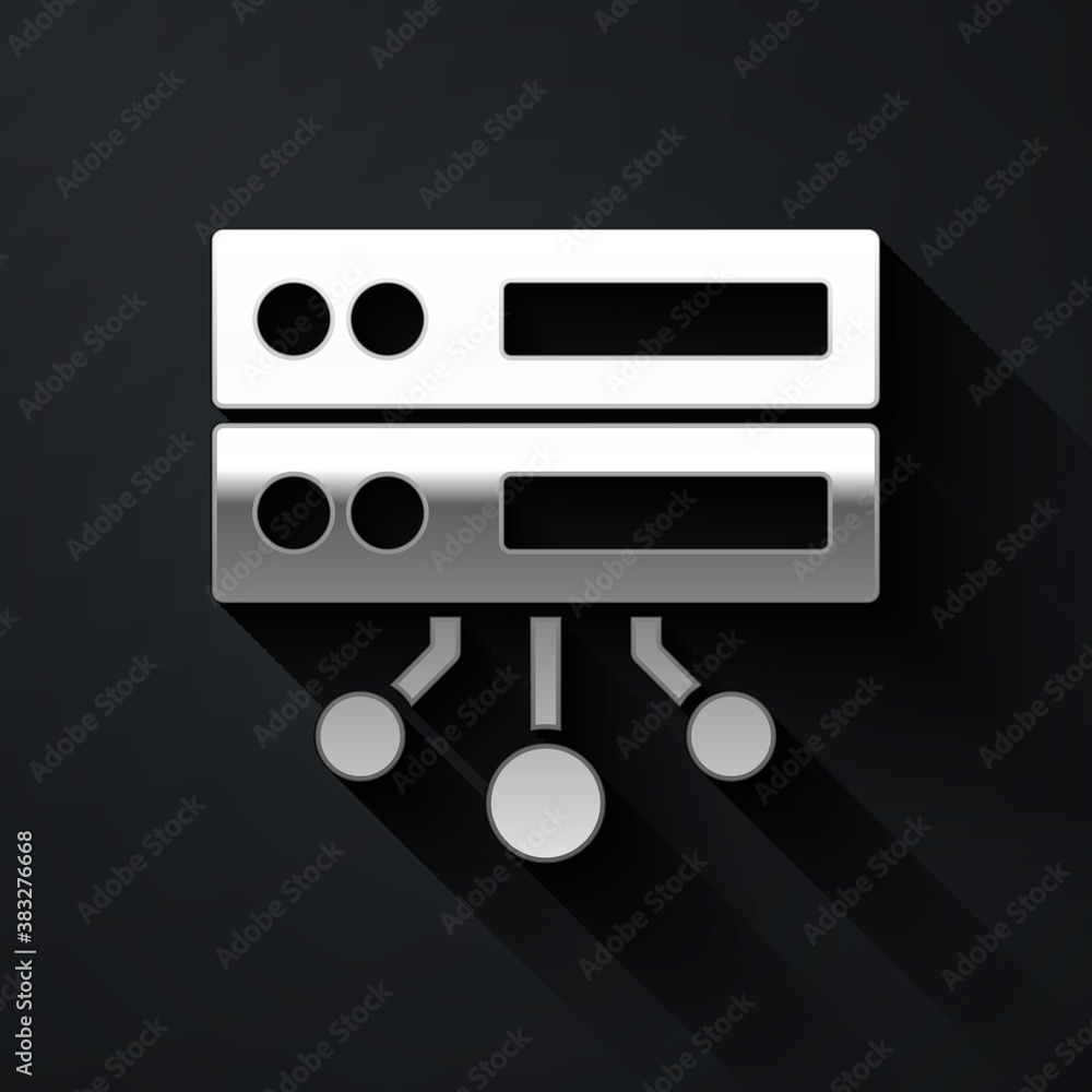 Silver Server, Data, Web Hosting icon isolated on black background. Long shadow style. Vector. Silver Server, Data, Web Hosting icon isolated on black background. Long shadow style. Vector.