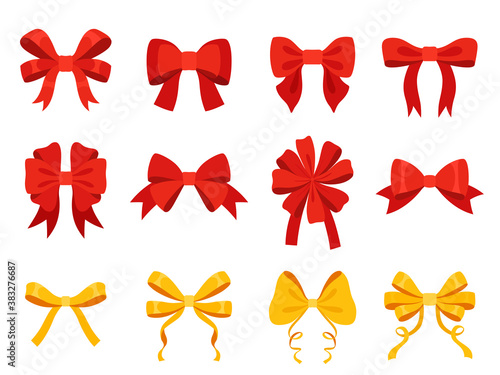 Set of festive bows in red and yellow colors. Objects for decorating Christmas gifts