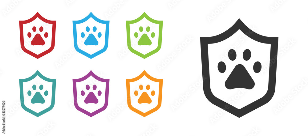 Black Animal health insurance icon isolated on white background. Pet protection concept. Dog or cat paw print. Set icons colorful. Vector. Black Animal health insurance icon isolated on white background. Pet protection concept. Dog or cat paw print. Set icons colorful. Vector.