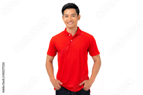 T-shirt design, Young man in Red shirt on white background