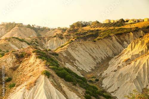 Badlands in the sunset, in Montalbano Jonico in Basilicata, south Italy