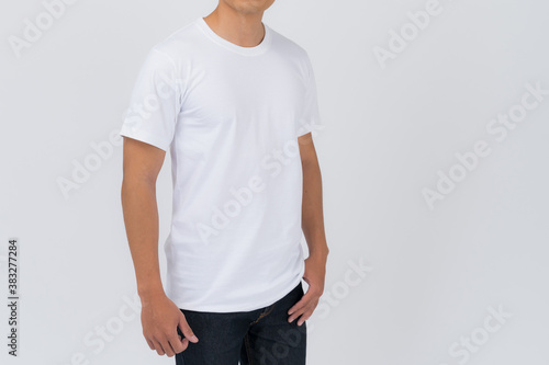 T-shirt design, Young man in White t-shirt on white background