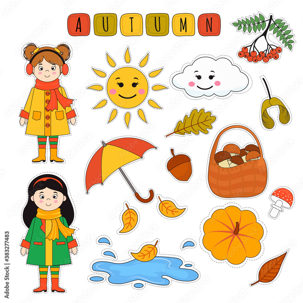 Fototapeta premium Set of cute cartoon autumn stickers with girl, leaves, mushroom baskets, clouds, umbrella, pumpkin. Vector illustration for sticker print, postcard, scrapbooking
