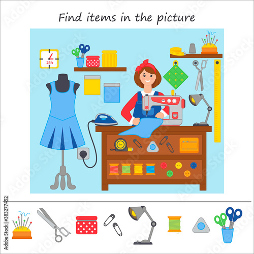 Educational children game. Find the object in the picture by pattern. seamstress. Logic game preschool. Vector illustration