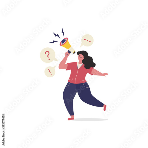 Woman  Shouting to Megaphone or Loudspeaker.  Online Public Relations and Affairs Concept. Announcement. Vector Illustration for web page, flyer, poster, social media