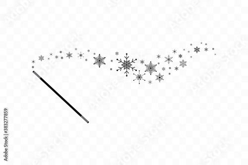 Magic wand with a snowflakes. Trace of black dust. Magic abstract background isolated on on transparent background. Miracle and magic. Vector illustration flat design.