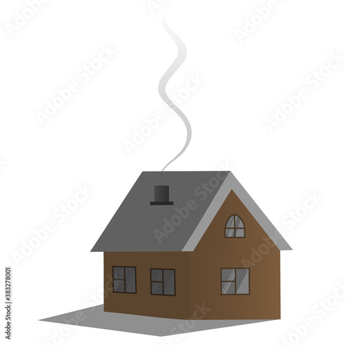 Cozy country dwelling. Vector illustration. House. Smoke billows from the chimney. Isolated white background. Holiday cottage. Wooden house. Residential building away from the bustle of the city. 