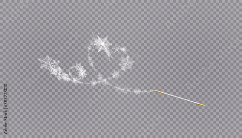 Magic wand with heart shaped snowflakes in a flat style in continuous drawing lines. Trace of white dust. Magic abstract background isolated on on transparent background. Miracle and magic. Vector