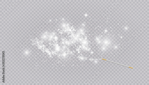 Magic wand with heart shaped snowflakes in a flat style in continuous drawing lines. Trace of white dust. Magic abstract background isolated on on transparent background. Miracle and magic. Vector