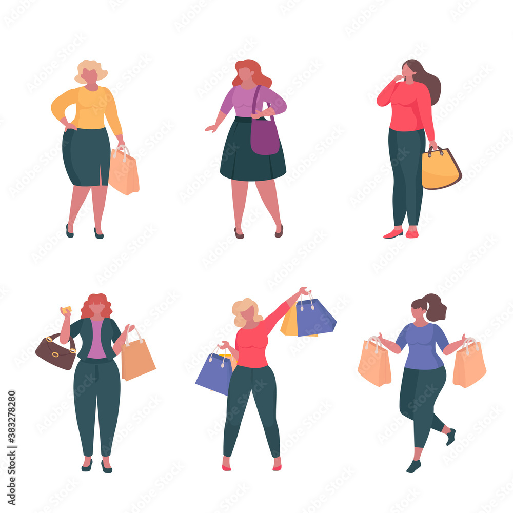 Obraz premium Set of Female Characters with shopping. Girls with shopping bags. Shopping consept. Vector illustration for web page design, social media, banner, presentation